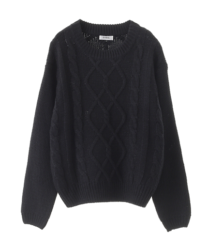 クルーネックケーブルニットTOPS