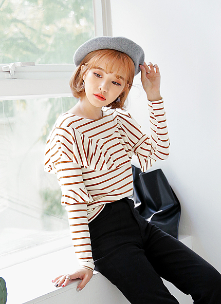 バスト&スリーブフリルディテールボーダーカットソー・全3色・b45401