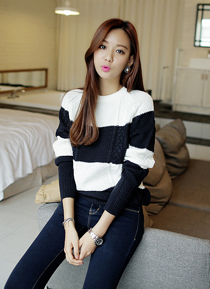 ネイビーカラールーズボーダーニット・全３色・t43124