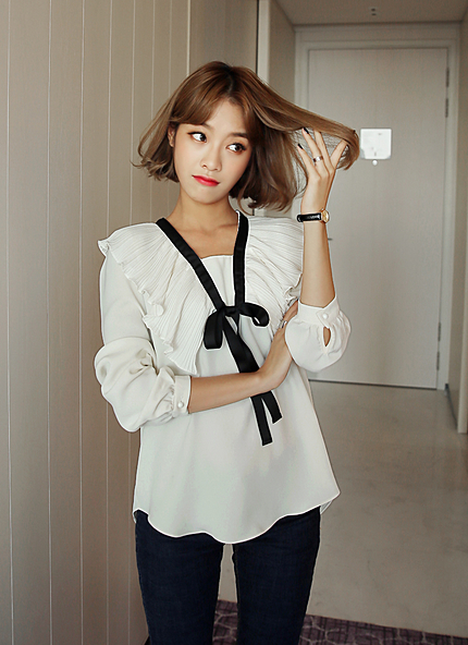 プリーツカラーリボンブラウス・全2色・b45299