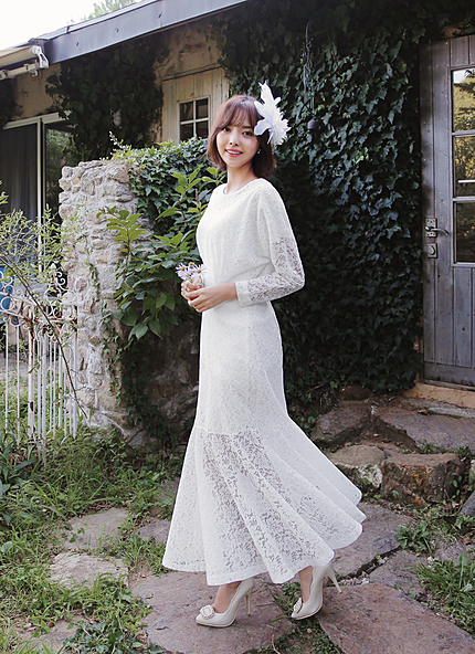 フラワーモチーフレースマーメイドロングワンピース・全1色・e43021