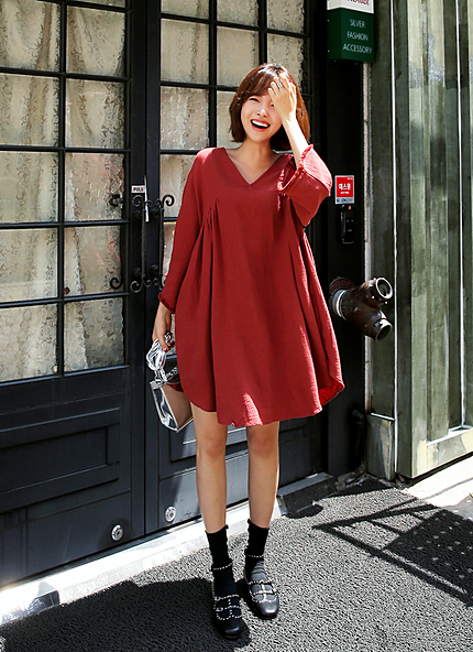 Vネックルーズフィットワンピース・全3色・b45148