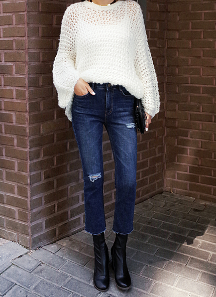 裾切りっぱなしダメージ8分丈フレアジーンズ・全1色・t45209