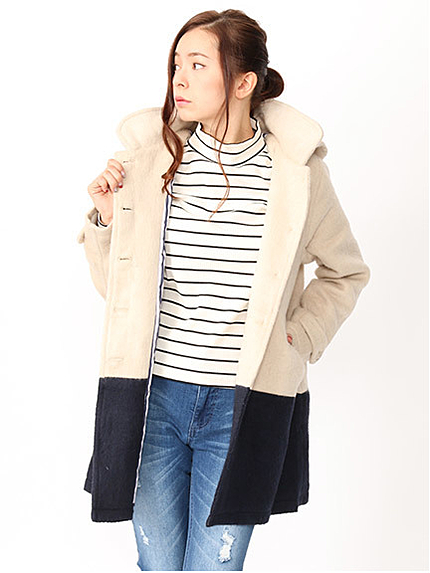 フード付きバイカラーコート