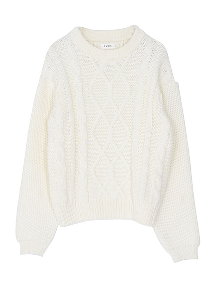 クルーネックケーブルニットTOPS
