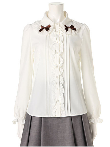 カラーリボンレース襟フリルブラウス