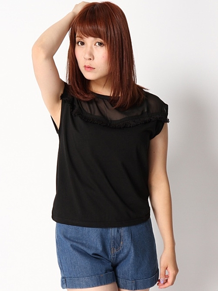 WEGO/シースルー切替フリンジカットソー