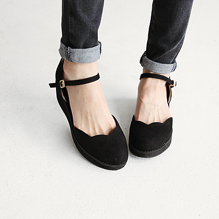 フラワーカット・ベルト付きウェッジソールパンプス・全4色・X29132