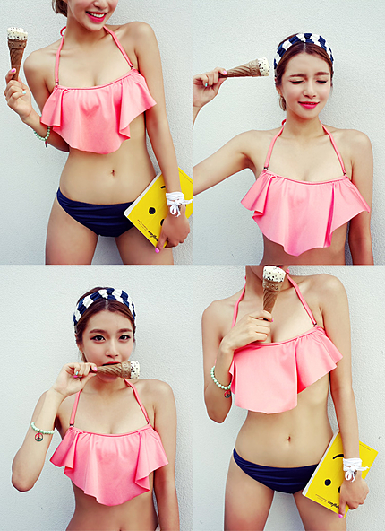 ピンク&ネイビーフリルバンドゥワイヤービキニ・全1色・e45010