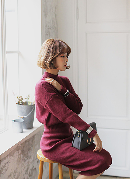 モックネックひざ丈ニットワンピース・全5色・b18070