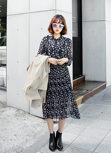 フラワーパターンバンドカラープリーツワンピース・全2色・b45264