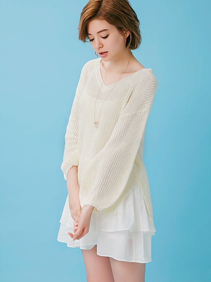 【se】Ｖネックレイヤードニットコンビワンヒ