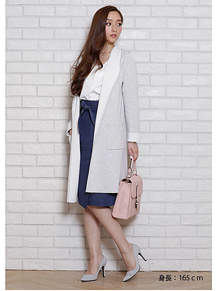 配色フードロングコーディガン