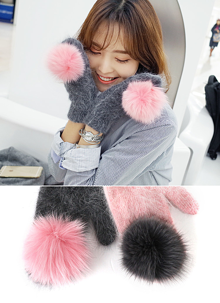 フォックスファーポンポンミトン手袋・全2色・t43457