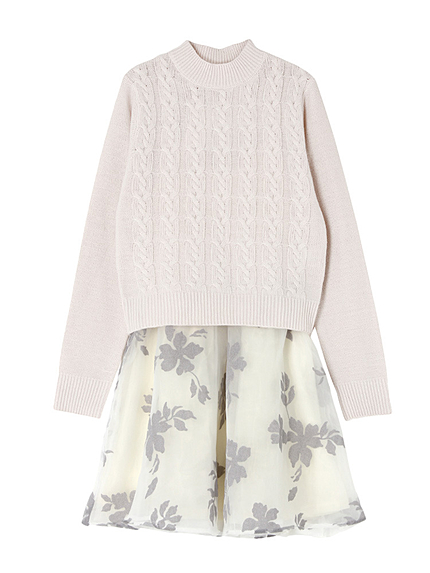 【se】ハイネックケーブルニット×フロッキーオーガンジーワンピース