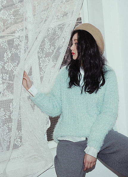 ラウンドネックミントシャギーニットプルオーバー・全1色・e45922