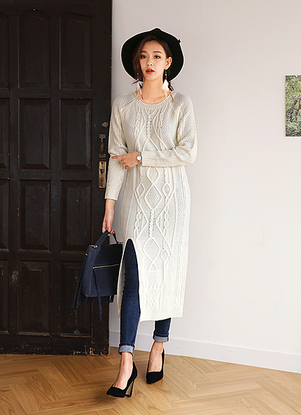 ディープスリットケーブルロングニット・全2色・t45513