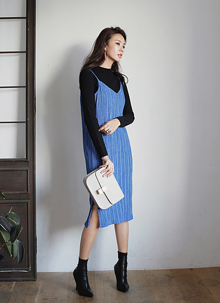 プリーツディテールVネックべロアワンピース・全3色・t45631