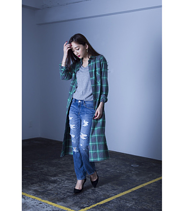 L起毛チェックベルテッド長袖マキシシャツ