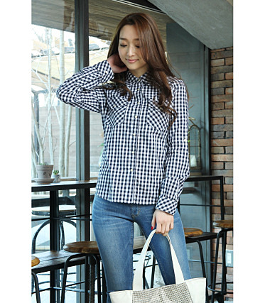 ギンガムWポケチェックヨーク切替長袖シャツ