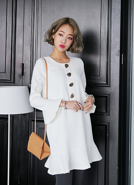 メタルハートボタンフレアヘムワンピース・全2色・t45636