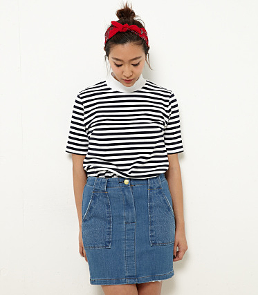 リブ スタンド カラー ボーダー トップス