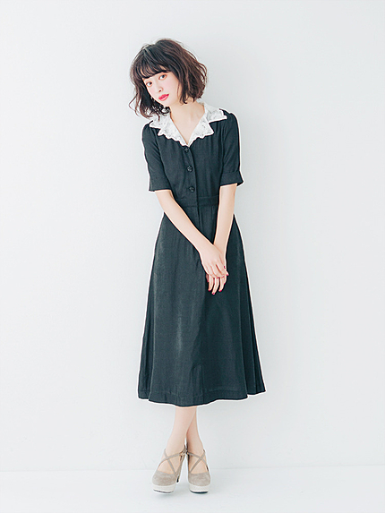 レースカラー開襟ワンピース