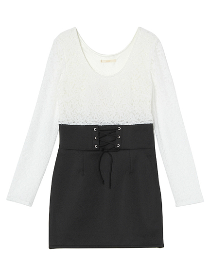 レースアップハイウエストコンビワンピース