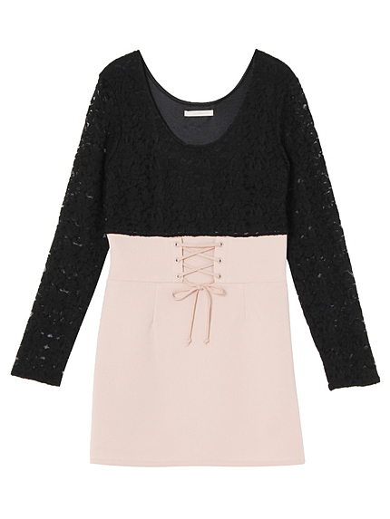 レースアップハイウエストコンビワンピース