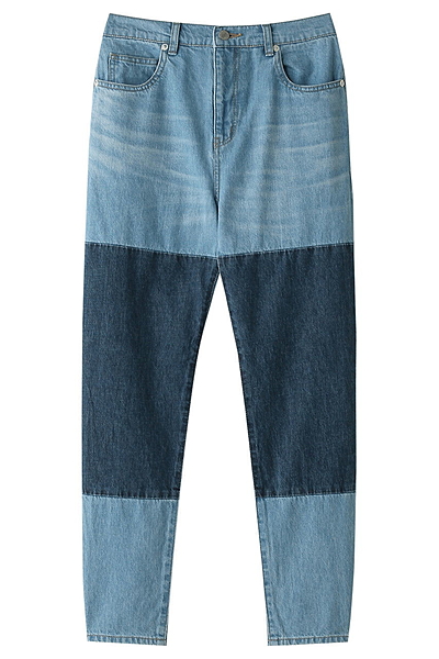 デニム2トーンパッチワークテーパードパンツ