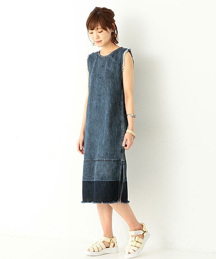 デニムパネルノーカラースリーブワンピース/AEBC DNM PANEL NO/SL OP