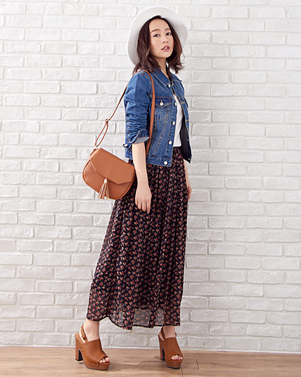 小花柄シフォン楊柳マキシ／スカート