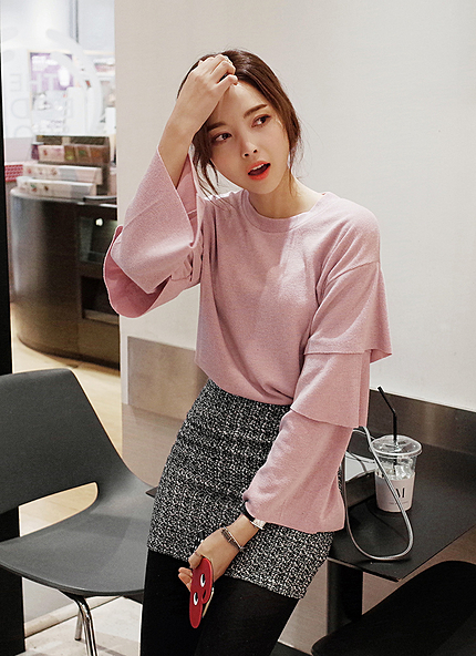 ティアードラッフルスリーブラウンドネックTシャツ・全3色・t43590