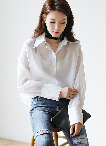ロングカラーカフスシースルーブラウス・全3色・t45711