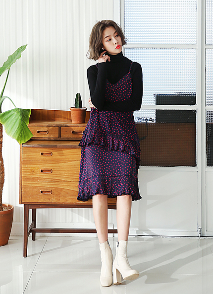 リップパターンラッフルフレアワンピース・全2色・t45680