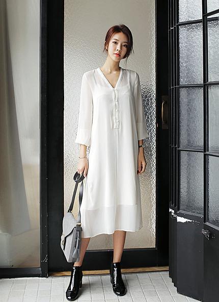 Vネックロングワンピース＆ぺチキャミソールワンピSET・全1色・t45732