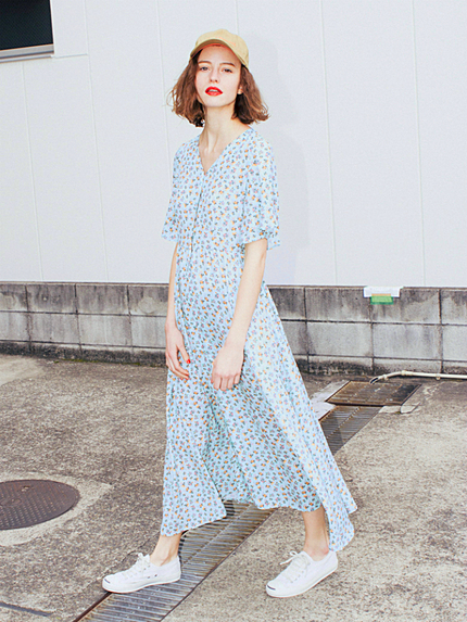 オリジナルフラワーフレア袖ワンピース