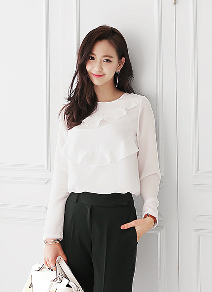 ラウンドネックラッフルラインブラウス・全3色・b45735