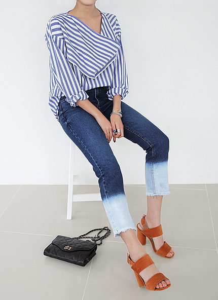 2トーン配色フレイドヘムハイウエストデニム・全1色・t45754