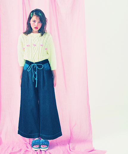 レースアップデニムワイドパンツ