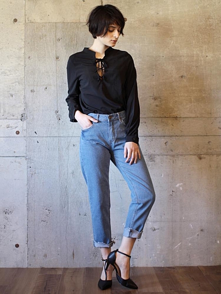 アシメカットオフスリムバギーデニムパンツ