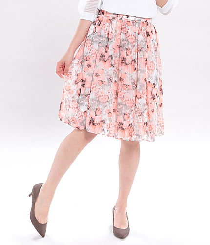シフォン花柄タックフレアースカート