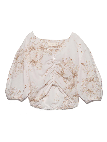 プリントギャザースリットブラウス