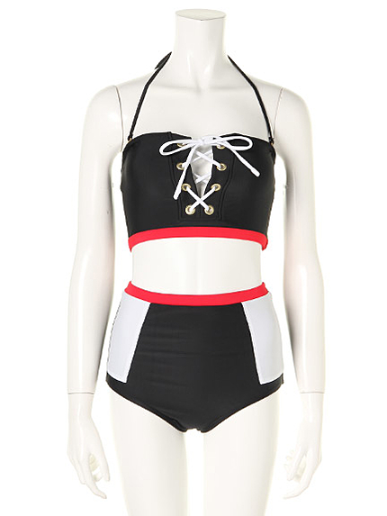 レースアップハイウエストスイムウェア