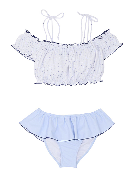 ドットandフリルオフショルダー