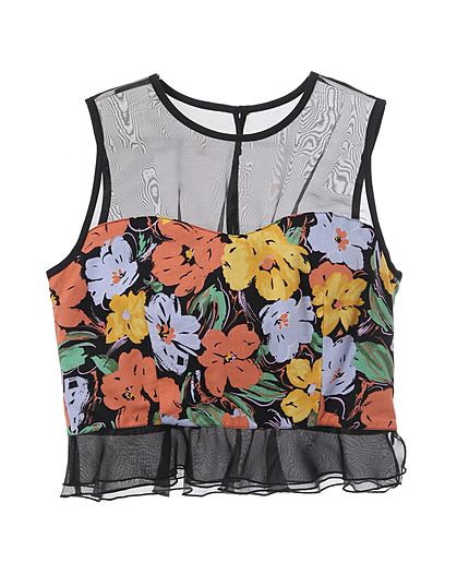 大花オーガンジー切り替えトップス