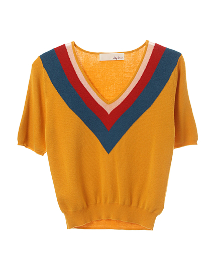 Vネック配色半袖ニットトップス