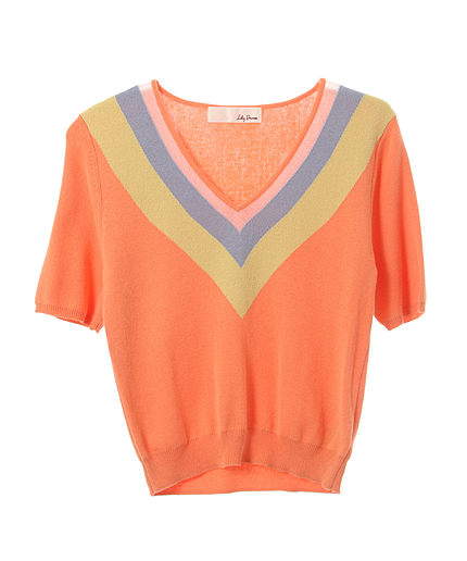 Vネック配色半袖ニットトップス