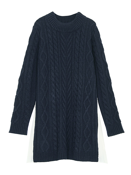 【DUO】サイドプリーツ切替ケーブルニットワンピース