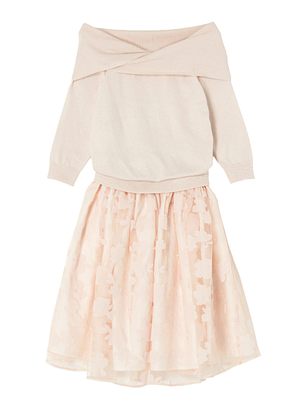 【DUO】 オフショルニット×フラワーオーガンジーワンピース